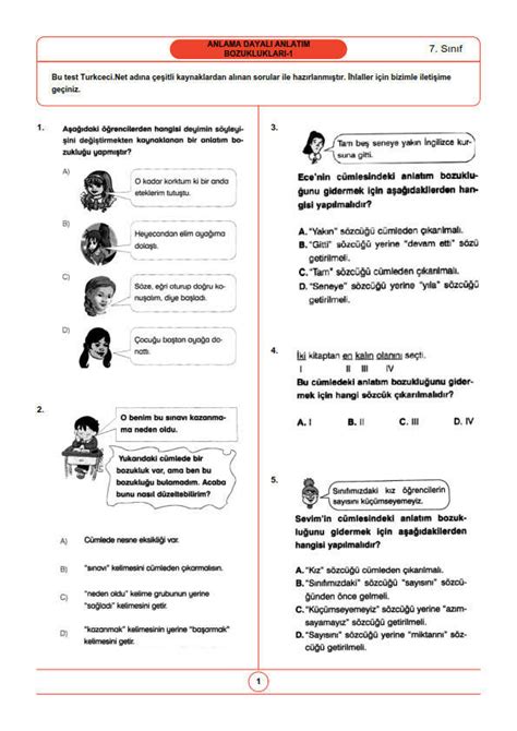 7 sınıf türkçe anlatım bozuklukları test pdf